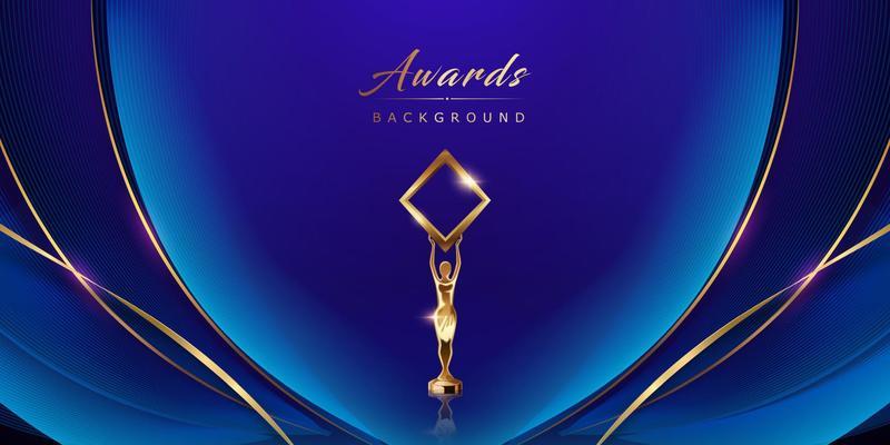 Blue Golden Round Side Curve Wave Award Background. Trophy on Luxury Background. Modern Abstract Design Template. LED Visual Motion Graphics. Wedding Marriage Invitation Poster. Certificate Design.