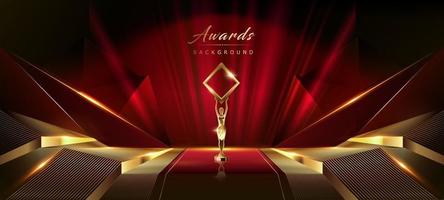 Red Maroon Golden Curtain Stage Award Background. Trophy on Red Carpet Luxury Background. Modern Abstract Design Template. LED Visual Motion Graphics. Wedding Marriage Invitation Poster. vector