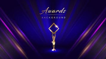 Modern Abstract dark blue background with diagonal glowing light effect. Vector illustration with trophy on stage. Blue Lights on curtain. Luxury Graphics. Award Background. Abstract Background.