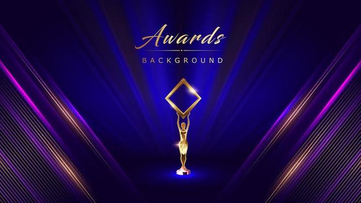 Modern Abstract dark blue background with diagonal glowing light effect. Vector illustration with trophy on stage. Blue Lights on curtain. Luxury Graphics. Award Background. Abstract Background.