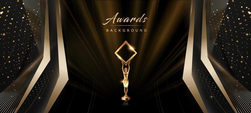 Black luxury background with golden line elements and light ray effect decoration and bokeh.