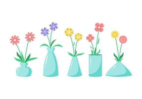 Set of cute flat flowers in vase, home decoration illustration vector