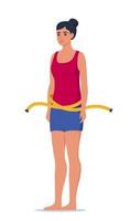Beautiful slim woman and measuring tape. Idea of weight loss and healthy living. Beautiful female character after losing weight. Weight loss concept. Vector illustration.