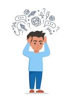 Sad boy standing on floor surrounded by stream of anxious thoughts. Autism, child stress, mental disorder, anxiety, depression, stress, headache. Child plugged ears with hands. Vector illustration.