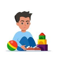 Sad boy sitting on floor surrounded by toys. Autism, child stress, mental disorder, anxiety, depression, stress, headache. Vector illustration.
