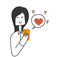 persona de garabato dibujada a mano que sostiene el teléfono móvil con el corazón y la ilustración de chat de burbujas de amor vector