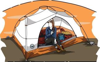 Illustration of a girl enjoying coffee in a tent vector design