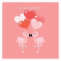 Valentines day background with heart balloon and flamingo. vector