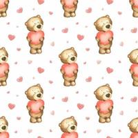 Teddy bears and hearts on the white background. Watercolor seamless pattern St. Valentine's day. Perfect for wrapping paper, background, wallpaper, textile design. vector