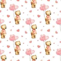 Teddy bears, heart-shaped air balloons and hearts on the white background. Watercolor seamless pattern St. Valentine's day. Perfect for wrapping paper, background, wallpaper, textile design. vector