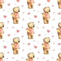 Teddy bears with a bouquet of flowers and hearts on a white background Watercolor seamless pattern for Valentine's Day. Ideal for wrapping paper, background, wallpaper, textile design. vector