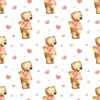 Teddy bears with a bouquet of flowers and hearts on a white background Watercolor seamless pattern for Valentine's Day. Ideal for wrapping paper, background, wallpaper, textile design. vector