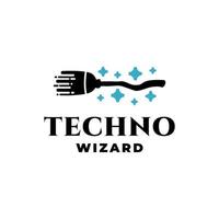 logo with illustration of a witch's broomstick with a technology theme vector