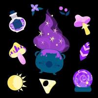 Set of magic items for the witch.Vector flat esoteric elements isolated on background. vector