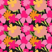 Vector seamless floral pattern. Bright abstract flowers on a black background.