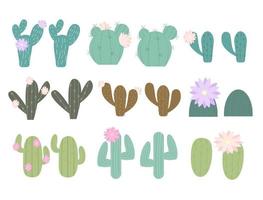 conjunto de lindos cactus estilizados con flores aisladas sobre fondo blanco. vector