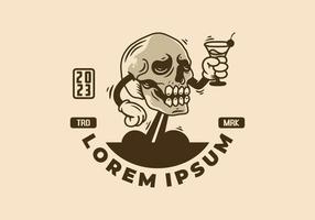 insignia de ilustración de personaje de cabeza de calavera sosteniendo una copa de vino vector