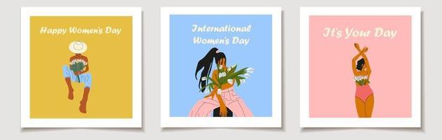 día Internacional de la Mujer. un conjunto de tarjetas de felicitación con hembra floreciendo desde dentro de la ilustración vectorial plana. mujeres desnudas con flores que crecen del pecho. vector