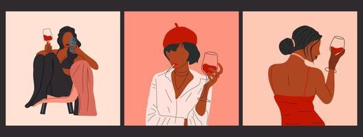 Set of three Abstract portrait of woman with glasses of wine. Female drinks wine. Minimalist vine lovers. Trendy vector illustration isolated on white background