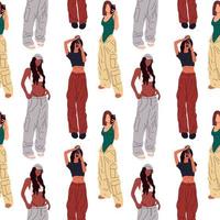 Seamless Pattern with beautiful young women in a fashionable clothes military style 90s 2000s in full growth posing . Hand drawn sketch. Vector illustration.