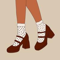 Female legs in stylish shoes with heels and lace socks. Fashion and style, clothing and accessories. Footwear. Vector illustration for a postcard or a poster, print for clothes. Vintage and retro.