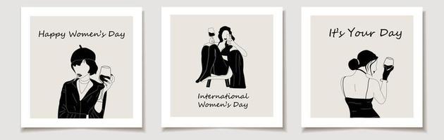 International Women's Day. A set of greeting cards with Abstract portrait of woman with glasses of wine. Female drinks wine. Minimalist vine lovers. Trendy vector illustration in monochrome style