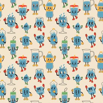 Seamless Pattern with Doodle drink more water. Cute funny hand drawn water mascots in mug, glass and bottle, healthy rituals drink more water vector illustration set.