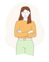 The girl is standing with her arms crossed. A woman in a closed pose smiles. Vector linear style graphics.