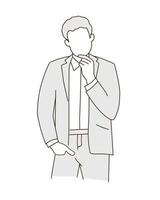 A man in a strict business suit. Businessman, office worker, manager thinks. Vector linear style graphics.