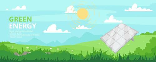 Meadow landscape banner. Solar PV panel power plant station. Renewable energy sources, sustainable photovoltaic solar energy generation with sun on summer background with blue sky, green grass. vector