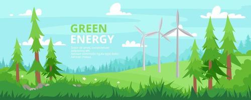 Forest landscape banner. Wind turbines. Industrial green energy concept. Vector illustration in a flat style. Wind mill on summer background. Renewable energy sources. Wind farm and factory.