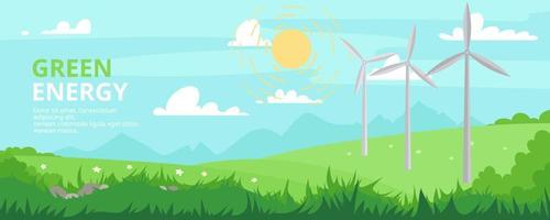 Meadow landscape banner. Wind turbines. Industrial green energy concept. Vector illustration in a flat style. Wind mill on summer background. Renewable energy sources. Wind farm and factory.