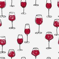 Watercolor hand drawn sketch of wine glasses seamless background. Grunge brush wine glass pattern on white. For bar or restaurant menu, wine tasting invitation or party. Red paint splash. Vector. vector