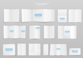 Mockup folded blank flyers. Vector realistic template of empty wrinkled leaflet, flyer, document pages with folds, white paper sheets of trifold brochure top view. Isolated on grey background