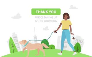 gracias por limpiar los desechos de tu perro. chica caminando con perro, vista de la ciudad con rascacielos, casas, parque verde, árboles. recoger caca de perros en una bolsa, ilustración de vector de banner en colores brillantes.