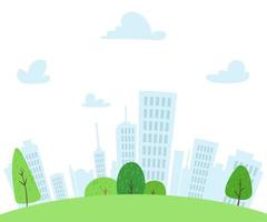 Flat cityscape with clouds. Modern town skyline panoramic vector background. City tower skyscraper illustration for web banner. Urban silhouette with park. Panorama architecture buildings.