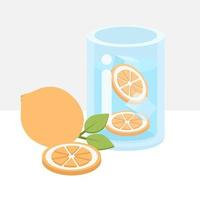 Fresh Lemon water, slices of lemon and whole lemon with leaf. Slice fall into jar with ice cube. Summer exotic fresh sour detox drink. Home made lemon beverage, poster, template. Vector illustration.