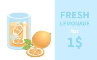 Fresh Lemonade, slices of lemon and whole lemon with leaf. Jar with ice cube. Summer exotic fresh sour detox drink. Home made lemonade beverage, template. Vector illustration. Sale for 1 dollar.