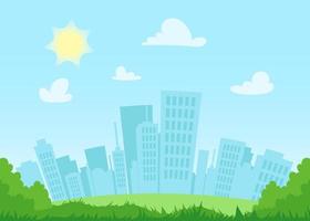 Flat cityscape at day with blue sky, white clouds and sun. Modern town skyline panoramic background. City tower skyscraper illustration. Urban silhouette with park. Panorama architecture buildings. vector