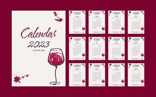 Calendario 2023, lista de verificación de alcohol. rastreador de hábitos dejar de beber boceto dibujado a mano grunge acuarela de copas de vino. salpicadura de pintura roja. plantilla vectorial Calendario mensual de alcohólicos anónimos. vector