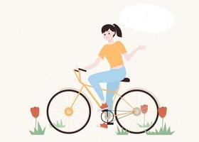 Funny smiling girl on a yellow bicycle, riding on the road of flowers. Pretty happy young woman on a bike with tulips. Charming woman cyclist in Netherlands. Flat cartoon vintage vector illustration.