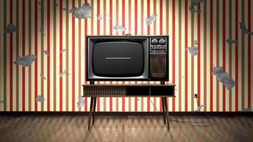 Retro Tv Receiver with Green Screen Standing on a Table, Wallpaper with Stripes on Cracked Wall in Background video