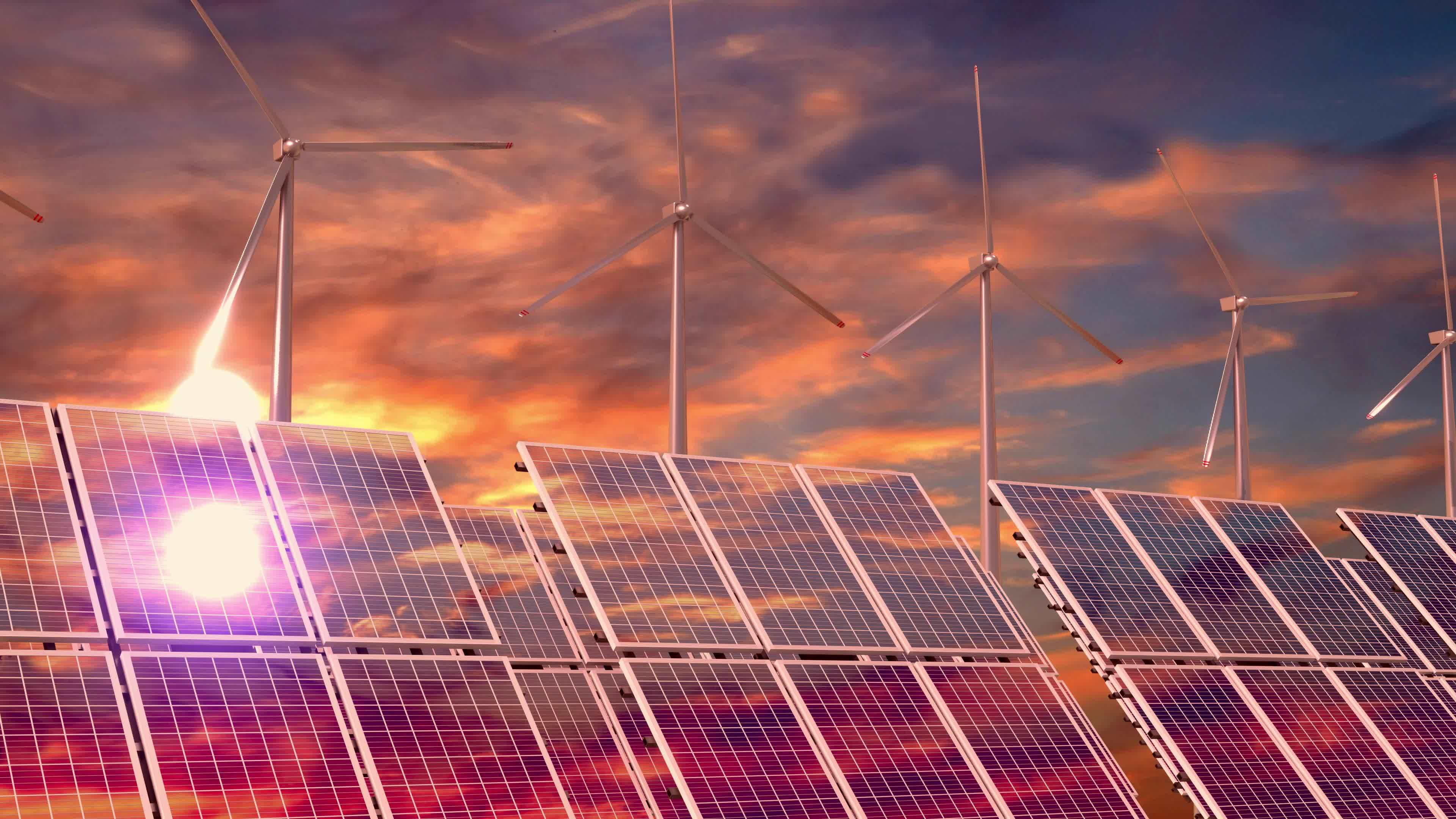 Solar Panels, Wind Turbines, Sunset Sky 19611479 Stock Video at Vecteezy