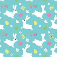 Seamless vector for Easter holiday. White rabbits and colored eggs with flowers for paper or fabric print.