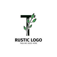 letter T doodle leaf initial rustic vector logo design element