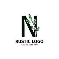 letter N doodle leaf initial rustic vector logo design element