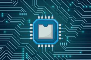 Modern cartoon style printed circuit board with a ic chip and track. vector