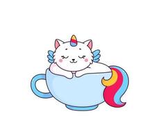 dibujos animados linda caticorn personaje en té taza, gato vector