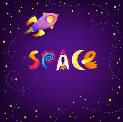 Cartoon space background, spaceship and stars