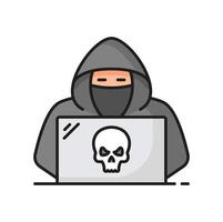 Hacker using laptop with skull planning attack vector